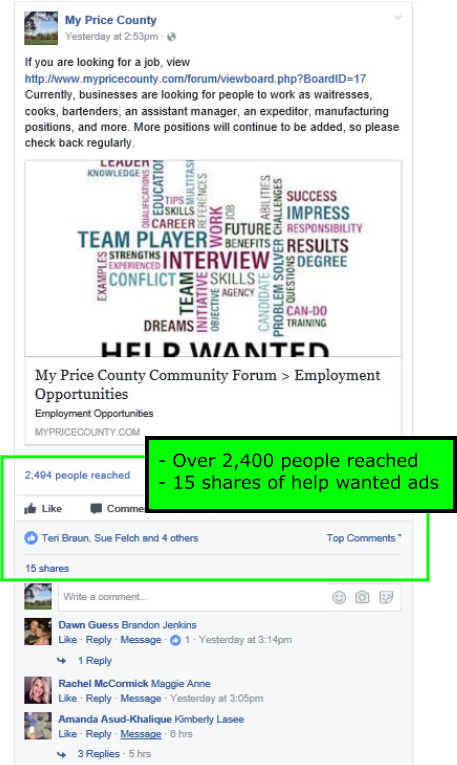 - Over 2,400 people reached - 15 shares of help wanted ads