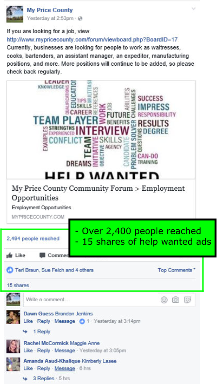 - Over 2,400 people reached - 15 shares of help wanted ads